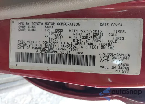 1994 Toyota 4Runner Vn39 Sr5 from USA, damaged, VIN JT3VN39W8R0151119